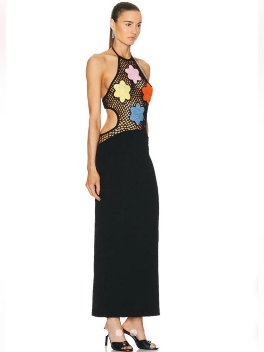 Black Crochet-Back Maxi Dress with Colorful Floral AppliquΓ©s